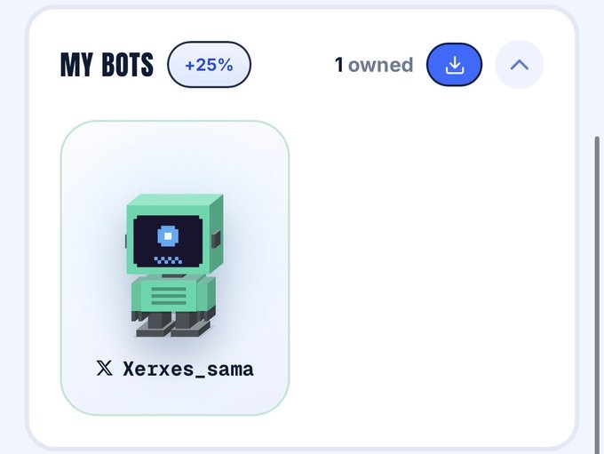 A "MY BOTS" panel marked "+25%" shows "1 owned" and a bot card featuring a pixel-art green robot labeled "Xerxes_sama."
