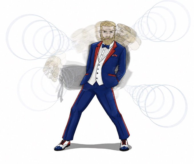 A stylized illustration of a blond, bearded man in a blue and red three-piece suit with swirling ghostly figures in the background.