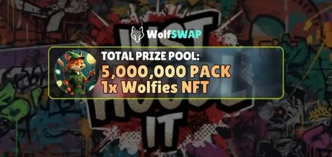 A promotional graphic for WolfSWAP featuring a cartoon fox character, advertising a total prize pool of 5,000,000 PACK and 1x Wolfies NFT against a graffiti-style background.