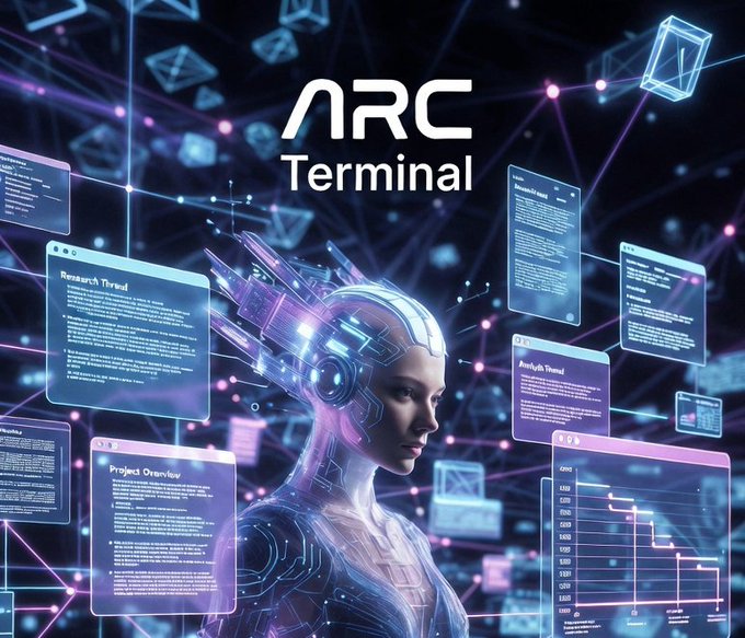 In this image, a woman is standing against a backdrop of various technological symbols that appear to be related to blockchain technology or web3 development. The text "arc terminal" is present, possibly indicating the nature of the scene. However, there are no specific details about the content being displayed in the image.