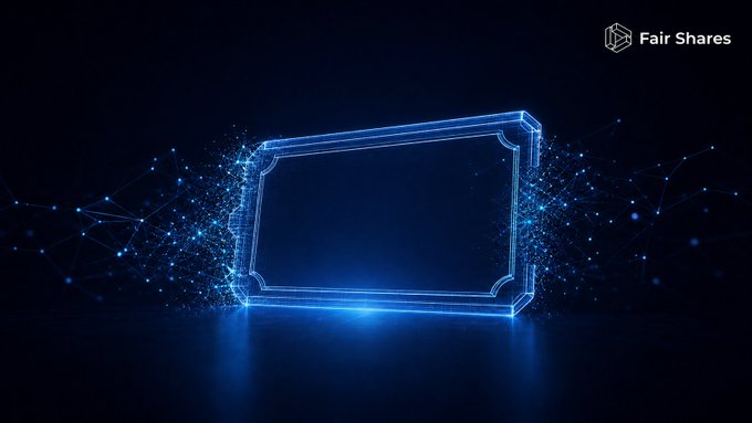 A digital representation of a certificate or stock certificate, glowing with blue light and connected by a network of nodes, is branded with the "Fair Shares" logo, illustrating the concept of equities moving on-chain.