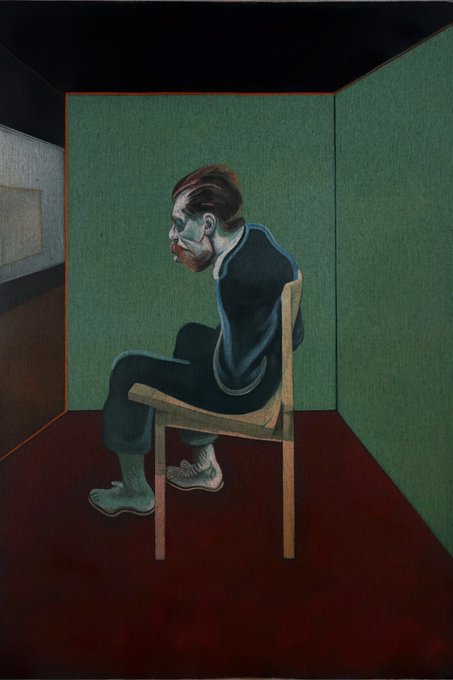 A lone, gaunt figure sits hunched on a wooden chair within a stark green-walled room, painted in a somber, expressionistic style reminiscent of Francis Bacon's tortured portraits. The post's cryptic message about pigeons and prophecy adds an absurdist, surreal twist to the figure's isolated, brooding posture, as if he awaits divine or absurd revelation in his confined space.