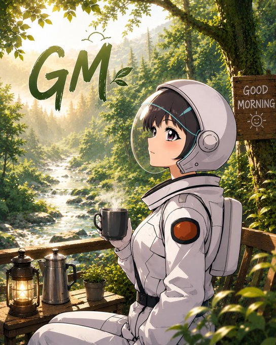 An anime-style illustration of a girl in an astronaut suit drinking from a mug in a forest setting with 'GM' and a 'GOOD MORNING' sign.