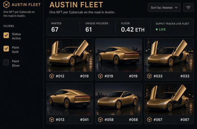An NFT marketplace page for 'Austin Fleet' showing a collection of gold-painted Cybercab vehicles, with statistics: 67 minted, 61 unique holders, 0.42 ETH floor price, and supply tracks live fleet marked LIVE.