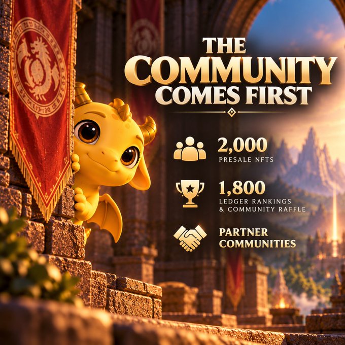 A fantasy game advertisement headed “THE COMMUNITY COMES FIRST” features a small yellow horned mascot beside stats for “2,000 PRESALE NFTS,” “1,800 LEDGER RANKINGS & COMMUNITY RAFFLE,” and “PARTNER COMMUNITIES.”