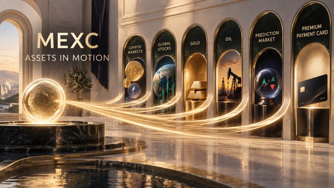 A promotional banner for MEXC exchange showing 'ASSETS IN MOTION' with arched displays featuring Crypto Markets (with Bitcoin and Ethereum), Global Stocks, Gold, Oil, Prediction Market, and a Premium Payment Card.