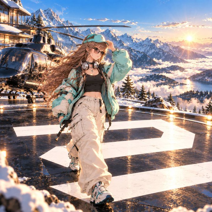 An anime-style illustration of a young woman with long brown hair, sunglasses, and a teal jacket walking on a snow-covered helipad with a helicopter and mountain sunset in the background.