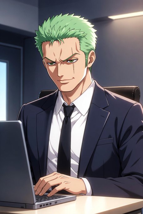 An anime-style illustration of a green-haired man in a dark business suit and tie working on a laptop with a serious expression, in an office setting.