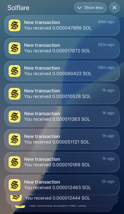 A screenshot of a mobile app named 'Solflare' showing a list of recent transactions where the user received tiny amounts of SOL cryptocurrency.