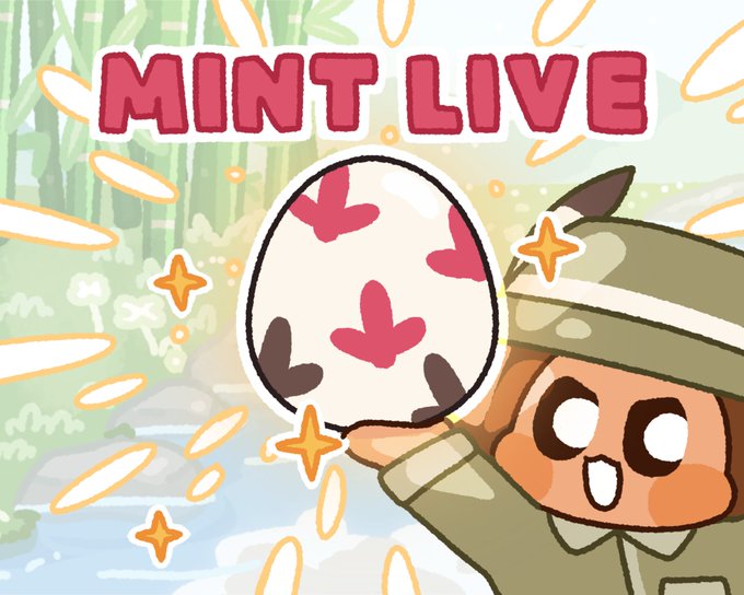 A cartoon character wearing a tan explorer's outfit and hat excitedly holds up a large white egg decorated with pink and black shapes, with the text "MINT LIVE" at the top.