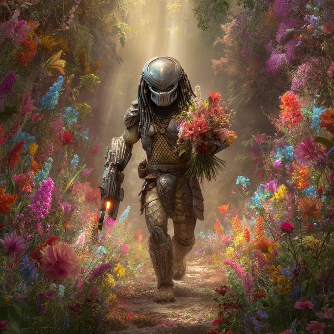 A digital artwork of a Predator character holding a bouquet of flowers while walking through a lush, colorful garden.