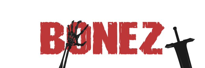 A logo reading 'BONEZ' in red brushstroke text with a skeletal hand gripping a sword.