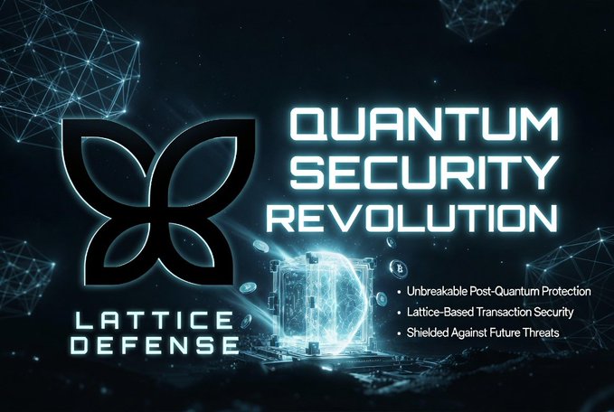 A futuristic promotional graphic for "Lattice Defense" featuring a glowing blue quantum-shielded cube and stylized butterfly logo against a dark network-themed background, with the headline "QUANTUM SECURITY REVOLUTION" alongside key features: "Unbreakable Post-Quantum Protection," "Lattice-Based Transaction Security," and "Shielded Against Future Threats." The image visually reinforces the post's message about Quip Network's advanced post-quantum cryptography solution, symbolizing cutting-edge protection for digital transactions.