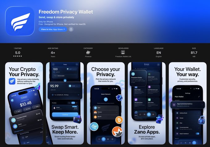 App Store listing for 'Freedom Privacy Wallet' by Freedom Wallet Ltd, rated 5.0 with age rating 4+, 81.7 GB size, featuring screenshots promoting crypto privacy and Zano Apps.