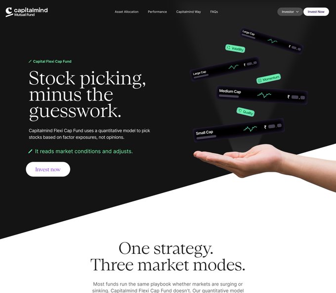The Capitalmind Mutual Fund website for the Capitalmind Flexi Cap Fund promoting 'Stock picking, minus the guesswork' with a quantitative model approach and one strategy with three market modes (Quality, Momentum, Volatility).