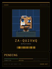 A pixel art image of a creature with the text 'ZA-QU2XWQ' and 'PENDING' on a dark background resembling a registration form.
