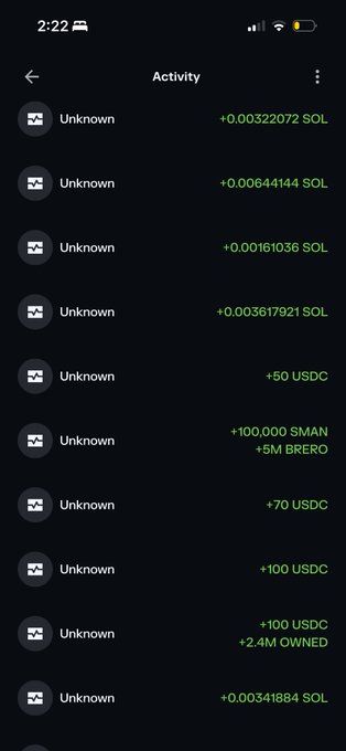 Mobile app activity screen showing cryptocurrency transaction history with various amounts of SOL, USDC, SMAN, BRERO, and OWNED tokens, all from 'Unknown' senders.