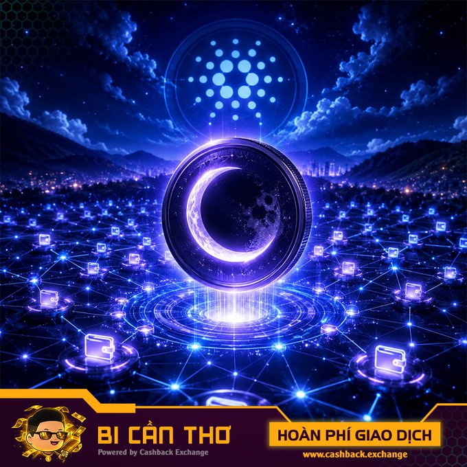 A promotional graphic for 'Bí Cân Thơ - Powered by Cashback Exchange' featuring a glowing purple crescent moon crypto coin amid a futuristic blue digital city network, with text advertising 'HOÀN PHÍ GIAO DỊCH' (transaction fee refund).