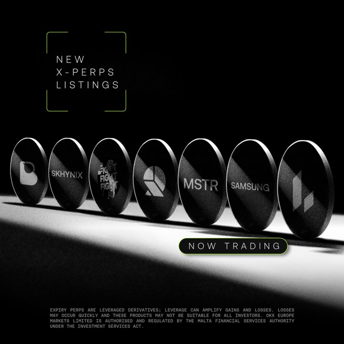 A dark, sleek promotional graphic for OKX announces "NEW X-PERPS LISTINGS" with seven black coin tokens displaying tickers including SKHYNIX, MSTR, and SAMSUNG, alongside a "NOW TRADING" badge, visually highlighting the newly available leveraged derivatives pairs mentioned in the post.