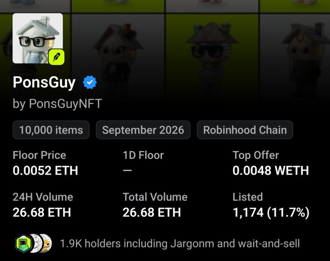 The image shows OpenSea listing details for the PonsGuy NFT collection, created by PonsGuyNFT, featuring 10,000 items on Robinhood Chain with a floor price of 0.0052 ETH and 24H volume of 26.68 ETH (1.9K holders). This visual supports the post's congratulations on PonsGuyNFT getting verified on OpenSea, highlighting key metrics that suggest growing momentum similar to the cashcat comparison mentioned.