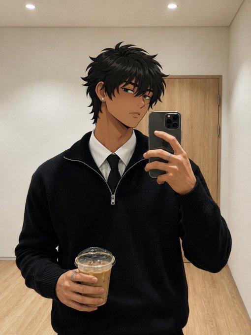 An anime-style illustration of a young man taking a mirror selfie while holding an iced coffee, wearing a black zip-up sweater over a white shirt and tie.