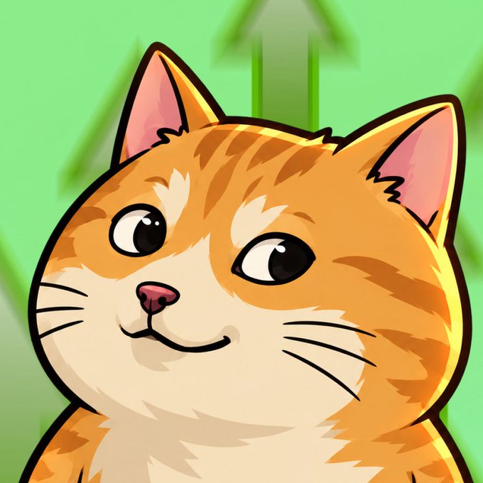 A cartoon illustration of a smiling orange tabby cat with big eyes against a green background.