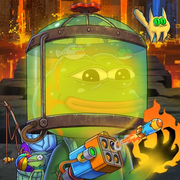 A colorful digital illustration depicts a green blob-like creature contained in a glass tank with mechanical arms, set against a fiery cityscape background.