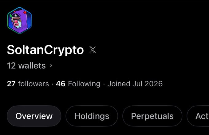 A profile page for "SoltanCrypto" on X showing 12 wallets, 27 followers, 46 following, joined July 2026, with navigation tabs for Overview, Holdings, Perpetuals, and Activity.