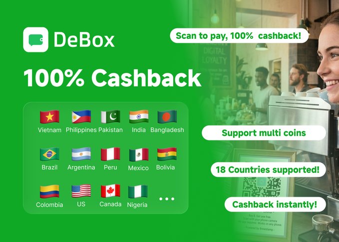 A promotional graphic for 'DeBox' offering '100% Cashback' with 'Scan to pay', supporting '18 Countries supported!' including Vietnam, Philippines, Pakistan, India, Bangladesh, Brazil, Argentina, Peru, Mexico, Bolivia, Colombia, US, Canada, and Nigeria.