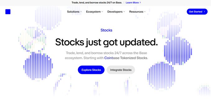 A webpage banner for Coinbase reading 'Stocks just got updated. Trade, lend, and borrow stocks 24/7 across the Base ecosystem. Starting with Coinbase Tokenized Stocks.'