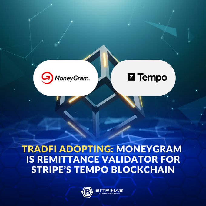 The image features two logos - one representing money gram and another representing Tempo. The money gram logo is a cube with a white border, while the Tempo logo is a circle with a red border. Both logos are placed against a blue background that has white stars scattered throughout it. Below these logos, there's text that reads "Focus on what is in the image and how it relates to the post". The text also mentions that MoneyGram will be acting as the anchor remittance validator for Tempo's blockchain ecosystem.