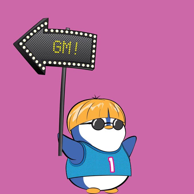 Cartoon penguin mascot wearing sunglasses and a blue jersey with the number 1, holding a sign that reads 'GM!' (Good Morning) against a pink background.