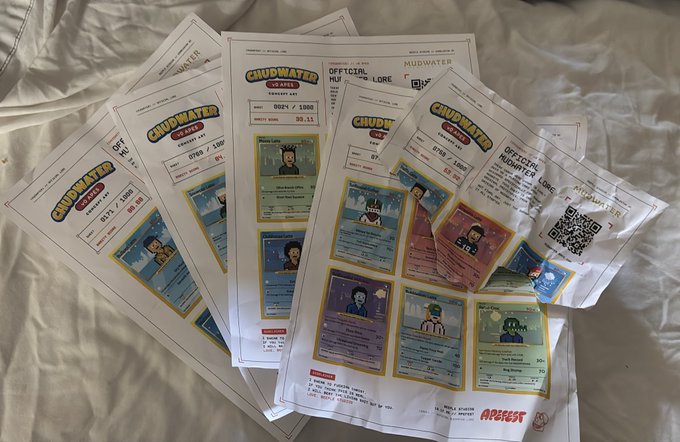 Several "CHUDWATER" trading cards (with attributes like "DRR 80-15," "GRR 91-90," "MRR 97") are fanned out, along with an "OFFICIAL MAYC C1-A" lore sheet and a QR code, representing the Beeple digital collectibles the post references as nearly causing the owner's death.