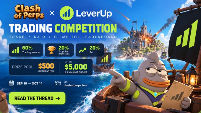 An advertisement for a 'Clash of Perps × LeverUp Trading Competition' with a $500 prize pool, running from September 16 to October 14, featuring a fish pirate mascot and detailing rewards based on 60% trading volume, 20% trophies, and 20% PnL.