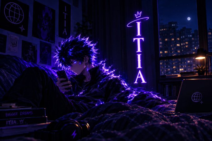 An anime-style illustration depicts a character with purple glowing hair lying in bed looking at a phone, next to a neon sign reading 'ITIA' in a city room.