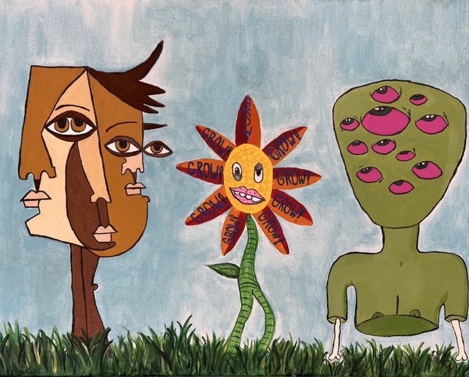 A surreal artistic illustration featuring a fragmented face figure on the left, a central flower with petals labeled 'CROWN GROW!' and an expressive center, and a green figure with multiple pink eyes on the right.