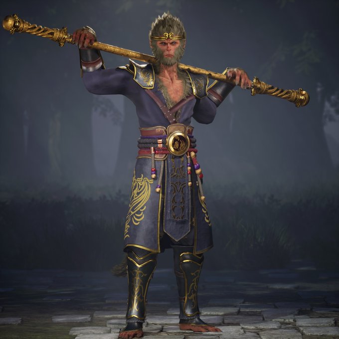 A character from Black Myth: Wukong stands in an ornate purple and gold robe, holding a golden staff across his shoulders.