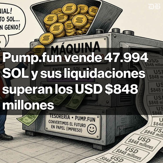 A news graphic with Spanish text 'Pump.fun vende 47.994 SOL y sus liquidaciones superan los USD $848 millones', overlaid on an illustration of a machine dispensing money.