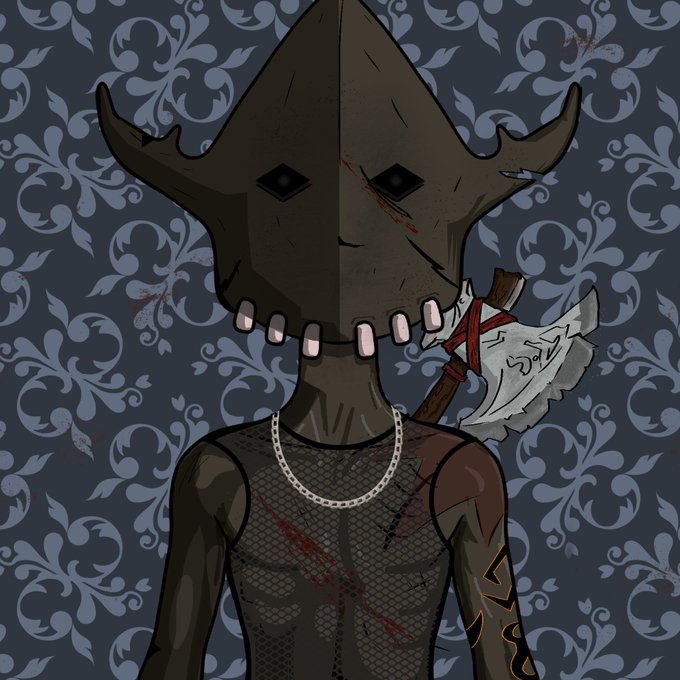 A stylized illustration of a character with a large, horned animal skull mask featuring exposed teeth, wearing a fishnet shirt and a gold chain, with a battle axe visible behind their shoulder on a dark patterned background.