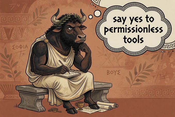 An illustration of a minotaur in a white toga sitting on a stone bench and writing in a notebook, with a thought bubble containing the text "say yes to permissionless tools."