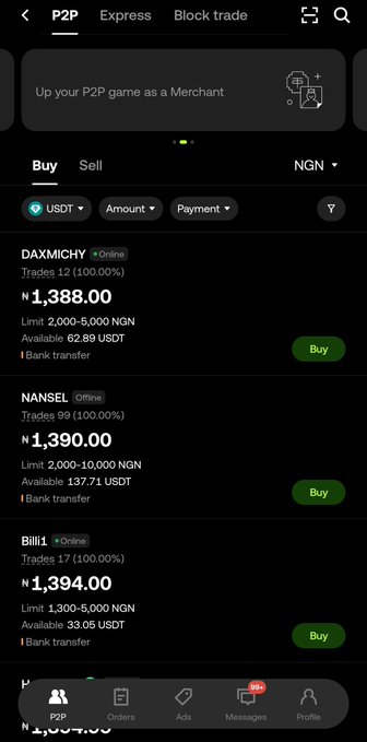 Mobile screenshot of a P2P cryptocurrency trading app showing USDT buy offers in NGN (Nigerian Naira) with bank transfer payment options, including merchants DAXMICHY (₦1,388.00), NANSEL (₦1,390.00), and Biliil.1 (₦1,394.00).