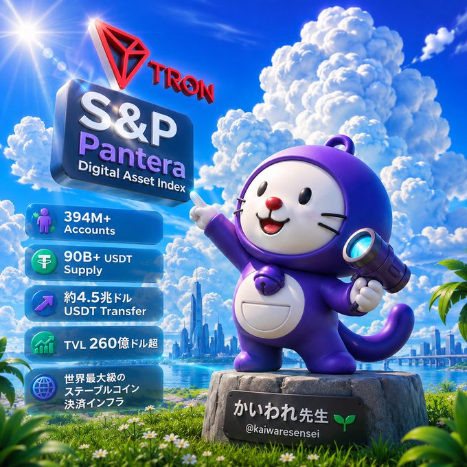 A purple cat mascot holding a flashlight stands on a stone pedestal beside statistics highlighting TRON's inclusion in the S&P Pantera Digital Asset Index, featuring key metrics like 394M+ accounts, 90B+ USDT supply, and approximately 4.5 billion USDT transfers, set against a bright sky backdrop.