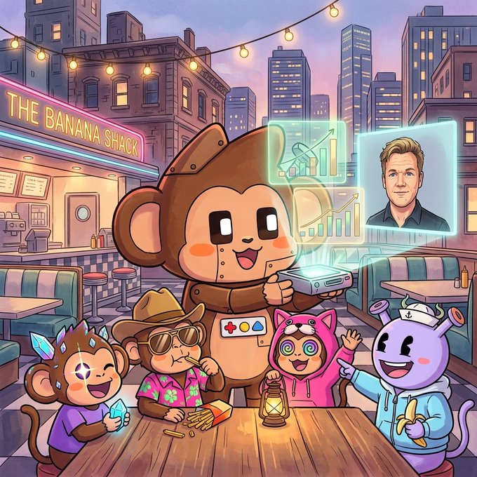A cheerful group of Chimpers NFT characters gather at "The Banana Shack" diner, with a central holographic display showing growth charts and a portrait of entrepreneur Gary Vaynerchuk, symbolizing the community's focus on building long-term legacy and creative conviction highlighted in the daily digest.