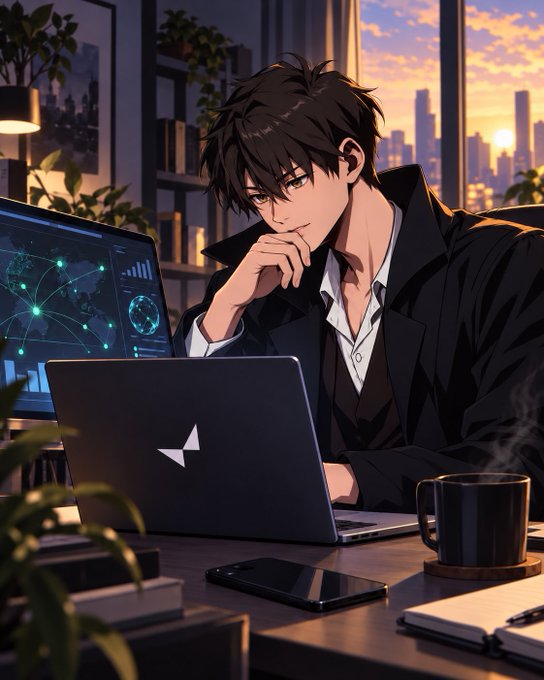Anime-style illustration of a dark-haired young man in a black coat working on a laptop at a desk with a coffee mug, phone, and monitor displaying data charts, with a city skyline at sunset in the background.
