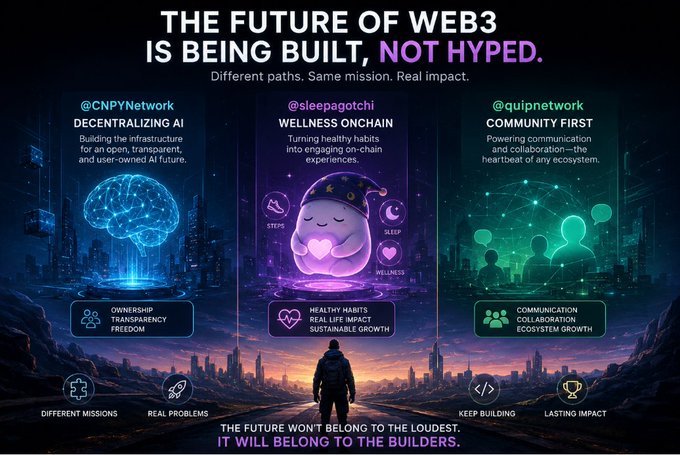 A Web3 promotional graphic titled 'THE FUTURE OF WEB3 IS BEING BUILT, NOT HYPED' featuring three projects: @CNPYNetwork, @sleepagotchi, and @quipnetwork, with a silhouette of a person overlooking a futuristic city.