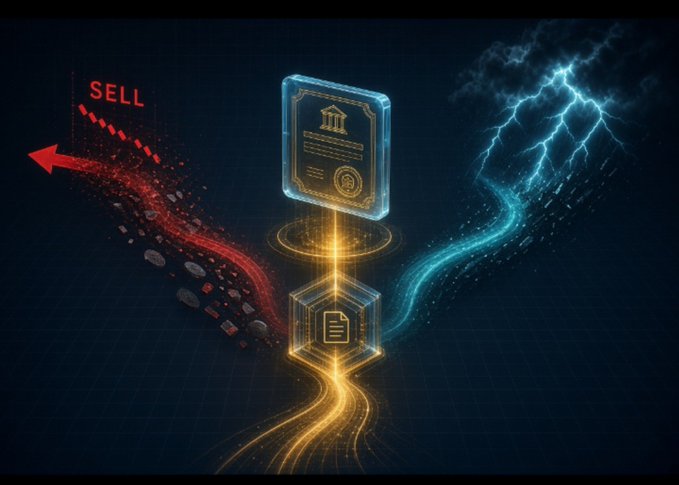 A digital graphic displaying 'SELL' in red text with a downward arrow, alongside a stylized document icon and glowing blue lightning.