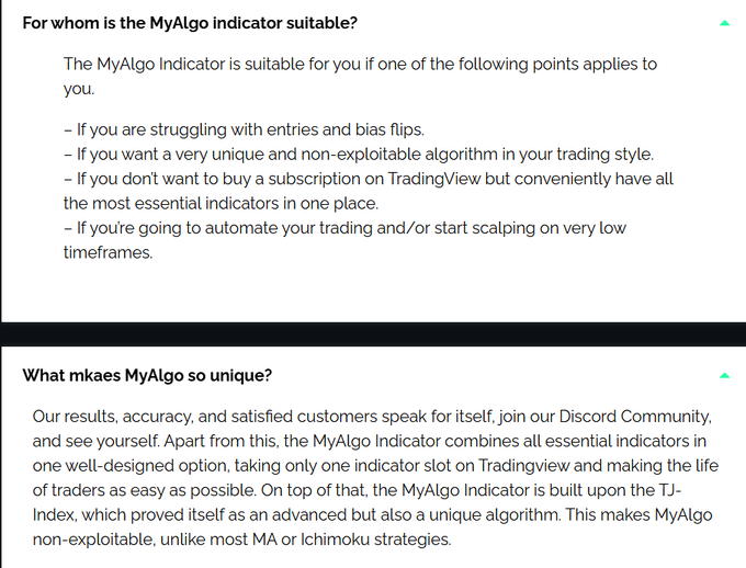 The image shows a screenshot of two pages, one being a webpage that has information about MyAlgoTech's trading platform, while the other page displays a list of indicators for trading. The first page provides details about the MyAlgoTool indicator suite suitable for traders who want to know more about it or are interested in using it. On the second page, there is a list of indicators that can be used by traders to make decisions and manage their trades. Both pages seem to focus on providing information related to trading strategies and tools available through the MyAlgoTool platform.