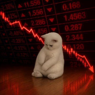A white cat sits in front of a red stock market board with numbers and downward arrows indicating a market crash.