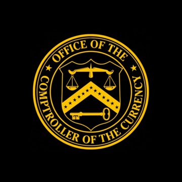 The image displays the gold and black seal of the **Office of the Comptroller of the Currency (OCC)**, featuring scales of justice and a key emblem. It accompanies news that the OCC has announced crypto companies may apply for U.S. bank charters, positioning the agency as a key regulator in opening the national banking system to digital asset firms.