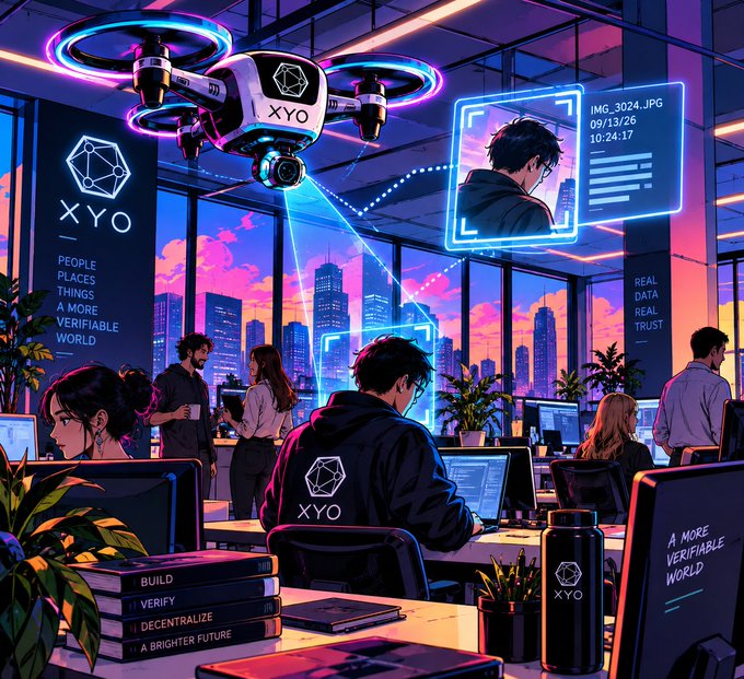 A stylized cyberpunk illustration of a futuristic office workspace featuring the XYO logo, a drone, workers at computers, and text including 'PEOPLE PLACES THINGS A MORE VERIFIABLE WORLD' and 'BUILD VERIFY DECENTRALIZE A BRIGHTER FUTURE'.